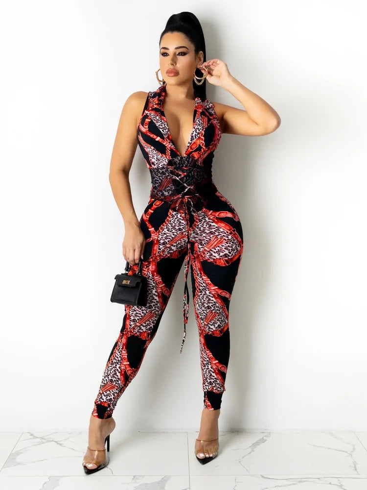 JRRY Sexy Women Jumpsuits Sleeveless Sashes Print Bodysuit High Elasticity Chain Pattern Outdoor Wear