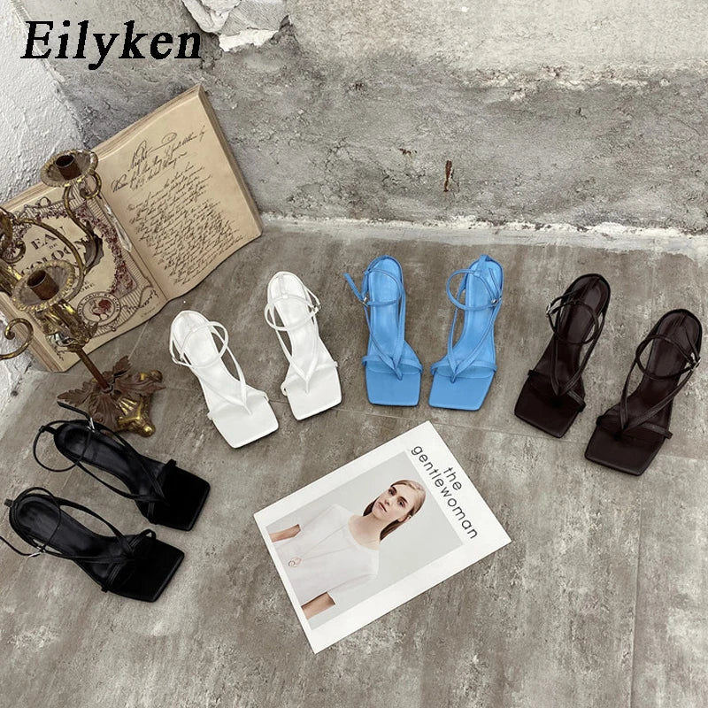 Eilyken Summer Fashion Square Pinch Open Narrow Band Women Sandals Ankle Buckle Strap Thin Heels Ladies Shoes Zapatos De Mujer