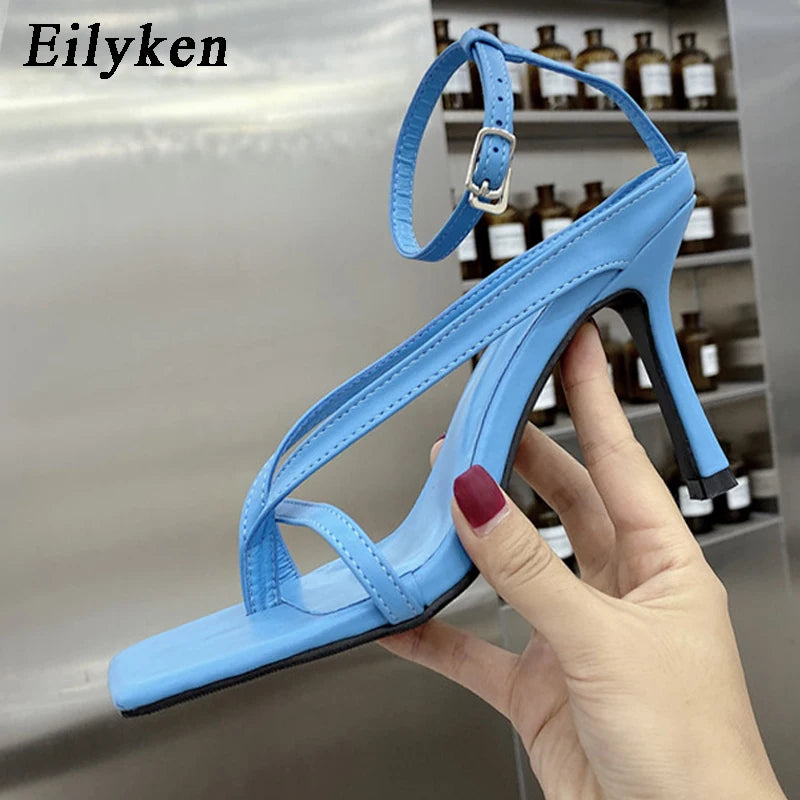 Eilyken Summer Fashion Square Pinch Open Narrow Band Women Sandals Ankle Buckle Strap Thin Heels Ladies Shoes Zapatos De Mujer