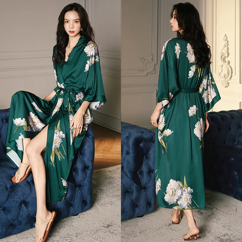 Print Flower Long Kimono Bathrobe Gown Sexy Women Half Sleeve Wedding Robe Nightgown Spring Summer Rayon Home Dress Sleepwear