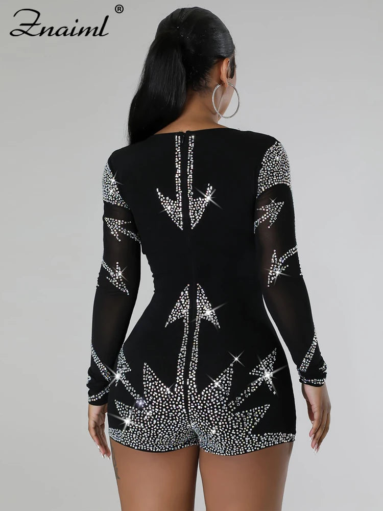 Znaiml Elegant Long Sleeve Playsuit Nightclub Rompers Birthday Outfits Woman Sparkly Diamonds Rhinestone Short Jumpsuits Luxury