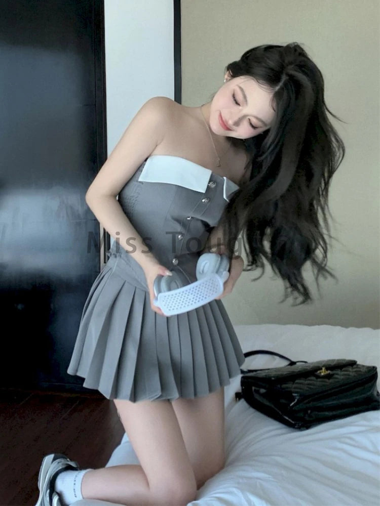 Preppy Style Elegant 3 Piece Set Women Fashion Casual Blazer Suit Female Pleated Mini Skirt + Irregular Camisole + Short Jacket