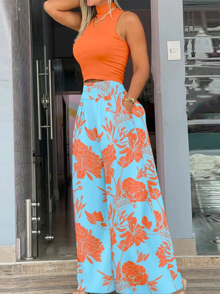 Plus Size Printing Two Piece Set Women Casual Solid Sleeveless Tank Top Wide Leg Pants Two Piece Set 2025 Fashion Clothing