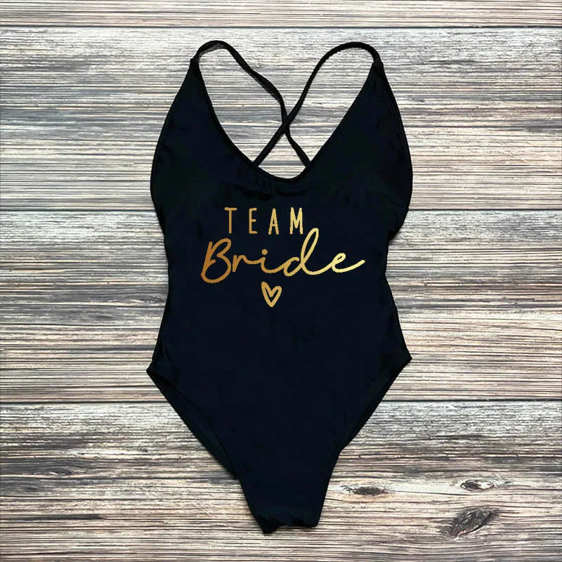 S-3XL Gold Print Team Bride One-Piece Swimsuit Squad Women Swimwear Sexy Padded Bachelorette Party Bathing Suit Summer Beachwear