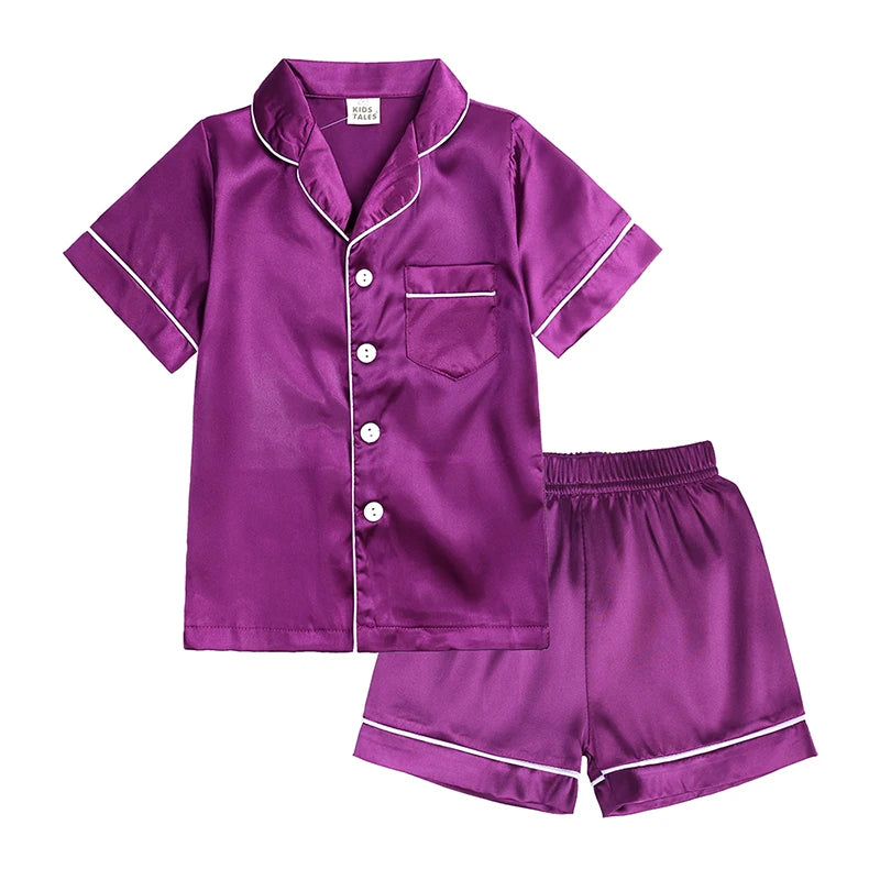 Comfortable Summer Pajama Sets for Boys Girls Silk Satin Top+Pant Long Sleeve Solid Silky Pyjamas Nightgown Children Sleepwear