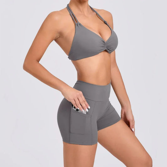 Sexy Backless Scrunch Sport Shorts Set with Pocket Women Gym Workout Clothes Yoga Training Suit for Fitness Sportswear Red Black