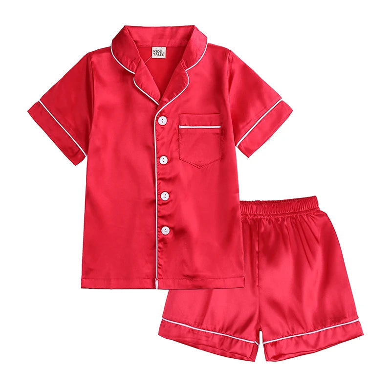 Comfortable Summer Pajama Sets for Boys Girls Silk Satin Top+Pant Long Sleeve Solid Silky Pyjamas Nightgown Children Sleepwear