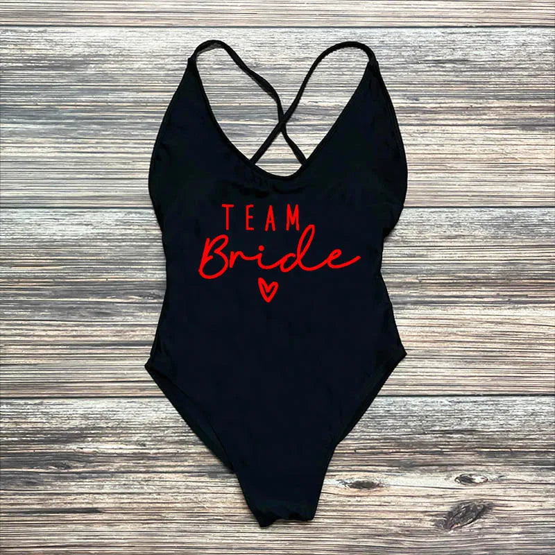 S-3XL Gold Print Team Bride One-Piece Swimsuit Squad Women Swimwear Sexy Padded Bachelorette Party Bathing Suit Summer Beachwear