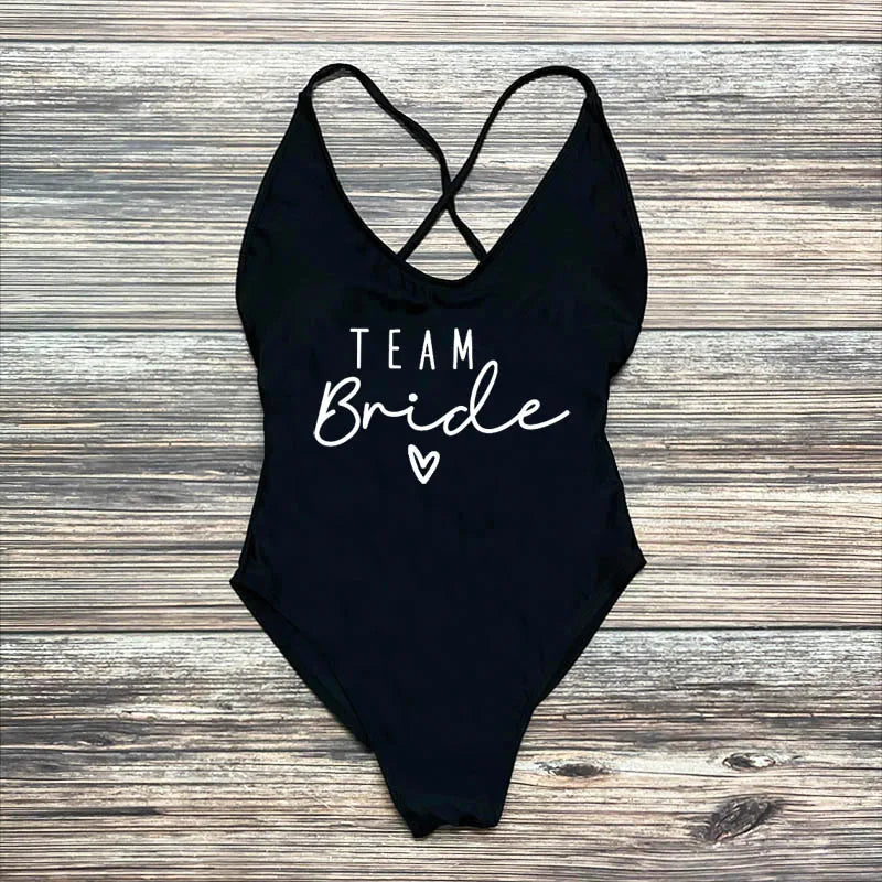 S-3XL Gold Print Team Bride One-Piece Swimsuit Squad Women Swimwear Sexy Padded Bachelorette Party Bathing Suit Summer Beachwear