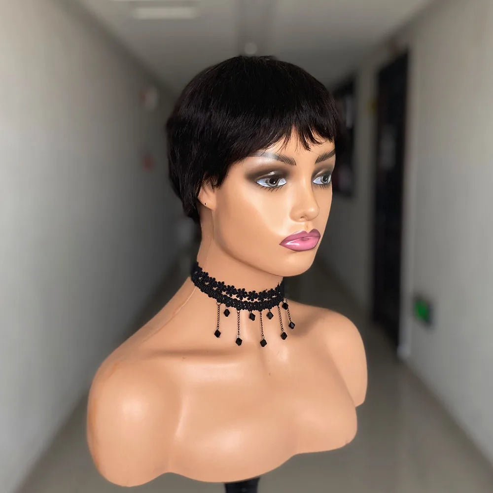 Short Straight Human Hair Wigs Natural Color Brazilian Remy Hair Pixie Cut Wig Cheap Human Hair Machine Wig For Black Women