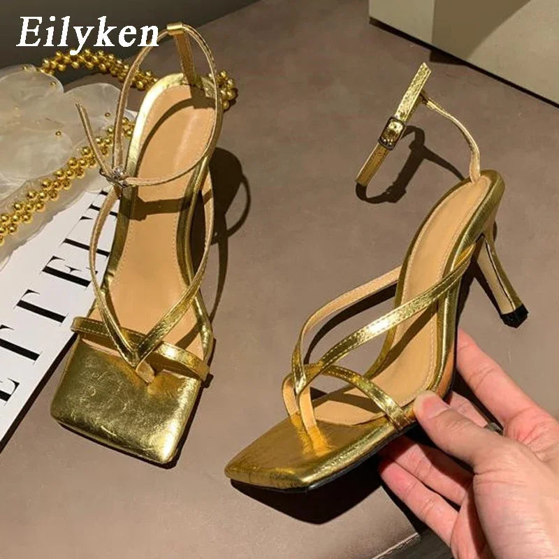 Eilyken Summer Fashion Square Pinch Open Narrow Band Women Sandals Ankle Buckle Strap Thin Heels Ladies Shoes Zapatos De Mujer