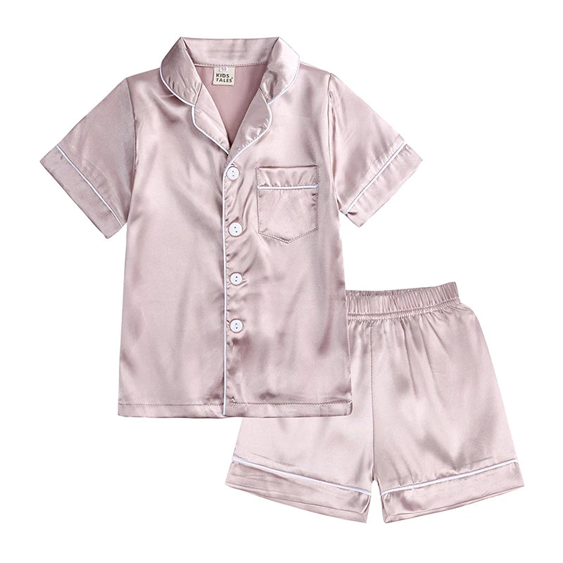 Comfortable Summer Pajama Sets for Boys Girls Silk Satin Top+Pant Long Sleeve Solid Silky Pyjamas Nightgown Children Sleepwear