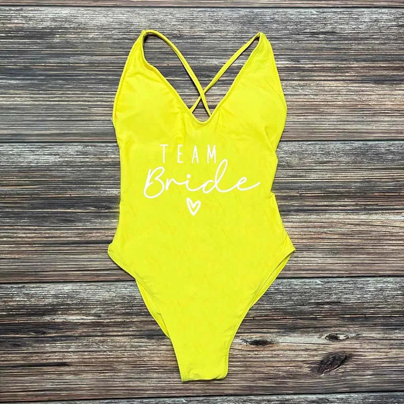 S-3XL Gold Print Team Bride One-Piece Swimsuit Squad Women Swimwear Sexy Padded Bachelorette Party Bathing Suit Summer Beachwear