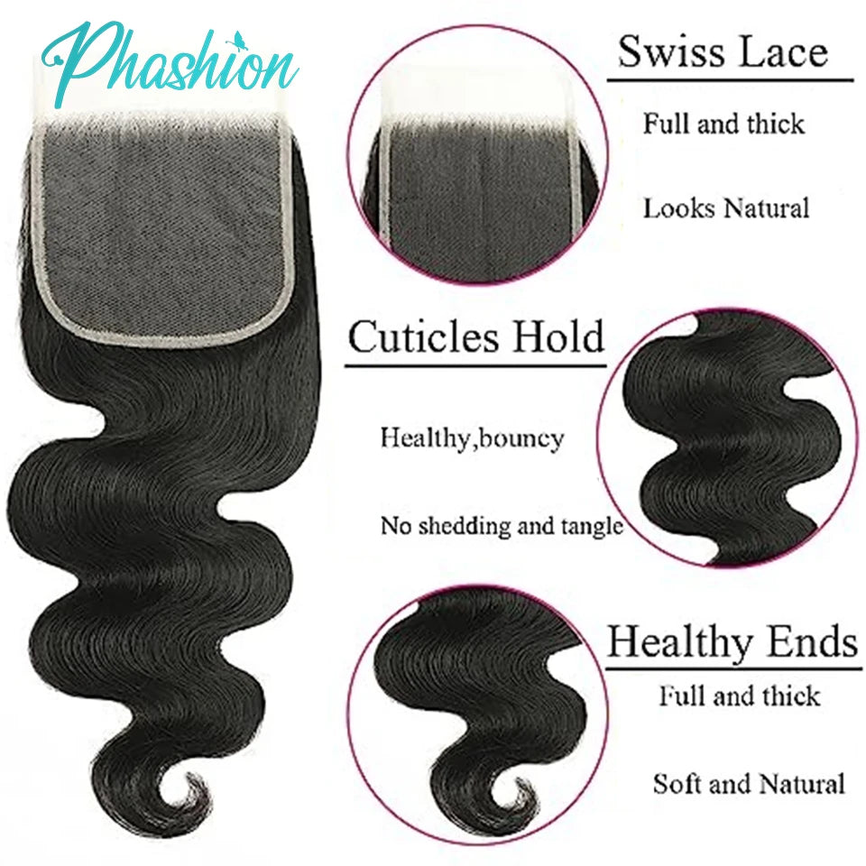 Phashion 26 Inch 4x4 5X5 Body Wave Lace Closure Only Pre Plucked Swiss Transparent 100 Remy Human Hair For Black Women Full Soft
