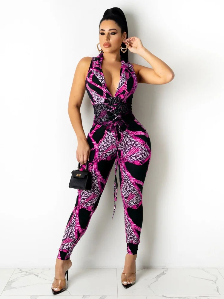JRRY Sexy Women Jumpsuits Sleeveless Sashes Print Bodysuit High Elasticity Chain Pattern Outdoor Wear