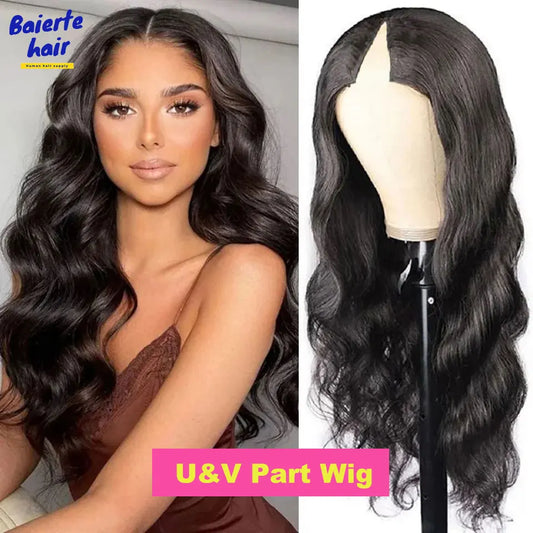 250% Body Wave V Part Wig No Leave Out No Glue Brazilian Remy U Part Human Hair Wave Wigs for Women 16-34 Inch on Clearance Sale