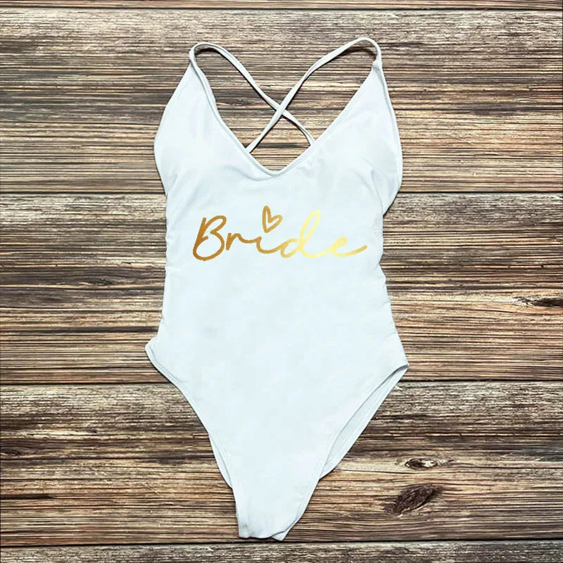 S-3XL Gold Print Team Bride One-Piece Swimsuit Squad Women Swimwear Sexy Padded Bachelorette Party Bathing Suit Summer Beachwear