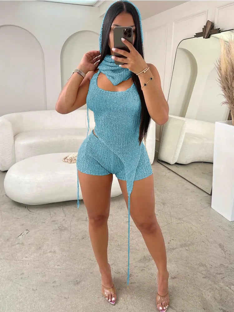 Joskaa Sequins Knit Beach 3 Piece Sets Women Sexy Backless Halter Irregular Top+Head Scarf+Shorts Matching Set Vacation Outfits