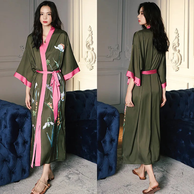 Print Flower Long Kimono Bathrobe Gown Sexy Women Half Sleeve Wedding Robe Nightgown Spring Summer Rayon Home Dress Sleepwear