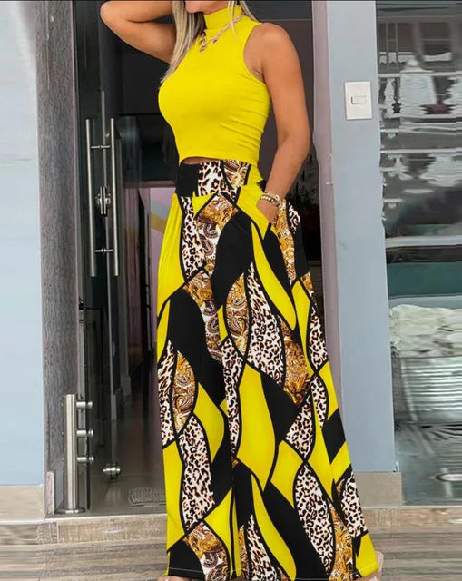 Plus Size Printing Two Piece Set Women Casual Solid Sleeveless Tank Top Wide Leg Pants Two Piece Set 2025 Fashion Clothing
