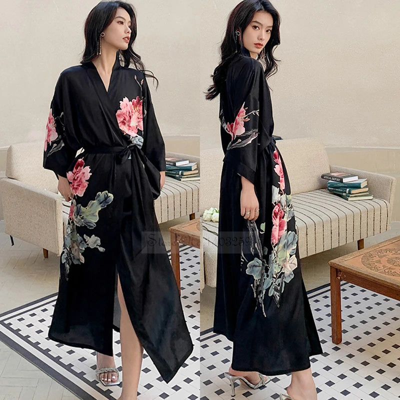 Print Flower Long Kimono Bathrobe Gown Sexy Women Half Sleeve Wedding Robe Nightgown Spring Summer Rayon Home Dress Sleepwear