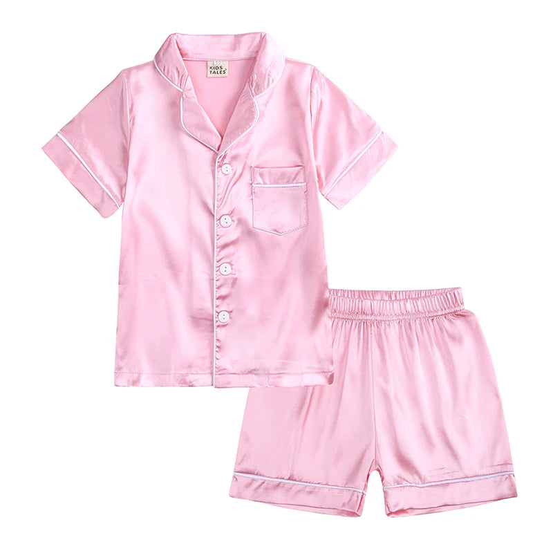 Comfortable Summer Pajama Sets for Boys Girls Silk Satin Top+Pant Long Sleeve Solid Silky Pyjamas Nightgown Children Sleepwear