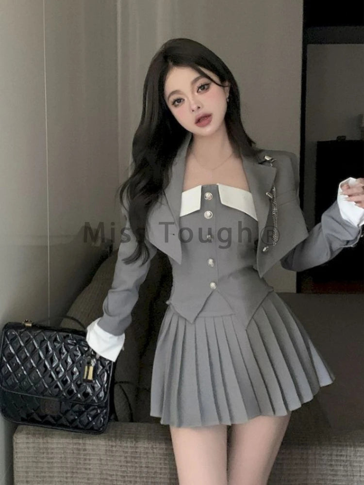 Preppy Style Elegant 3 Piece Set Women Fashion Casual Blazer Suit Female Pleated Mini Skirt + Irregular Camisole + Short Jacket