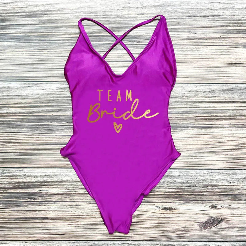 S-3XL Gold Print Team Bride One-Piece Swimsuit Squad Women Swimwear Sexy Padded Bachelorette Party Bathing Suit Summer Beachwear