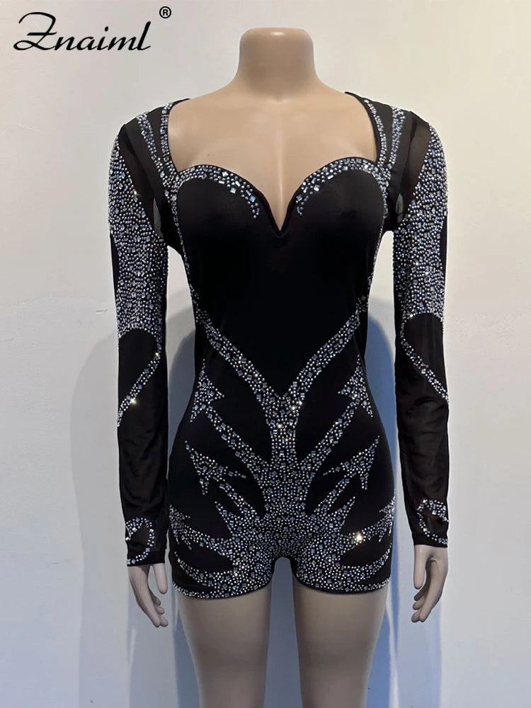 Znaiml Elegant Long Sleeve Playsuit Nightclub Rompers Birthday Outfits Woman Sparkly Diamonds Rhinestone Short Jumpsuits Luxury