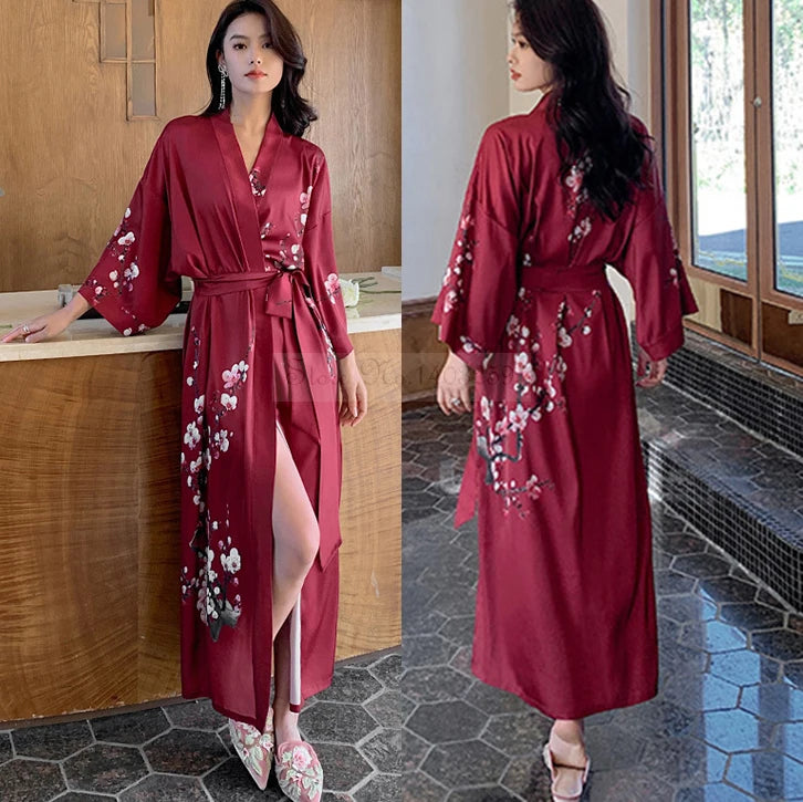 Print Flower Long Kimono Bathrobe Gown Sexy Women Half Sleeve Wedding Robe Nightgown Spring Summer Rayon Home Dress Sleepwear