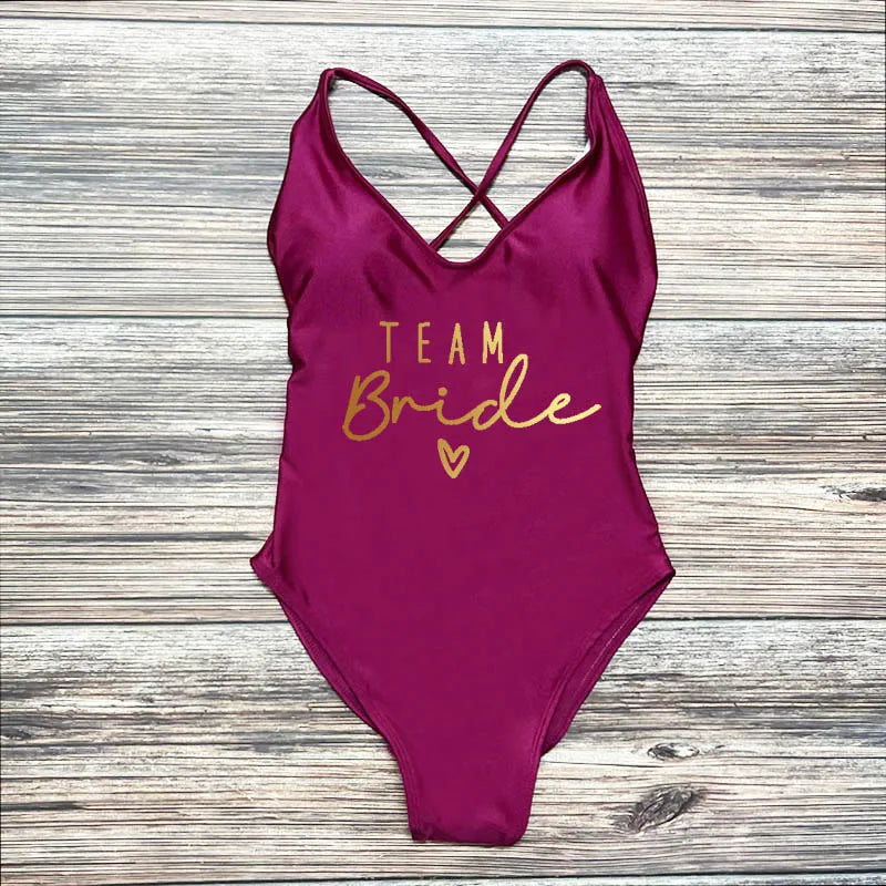 S-3XL Gold Print Team Bride One-Piece Swimsuit Squad Women Swimwear Sexy Padded Bachelorette Party Bathing Suit Summer Beachwear
