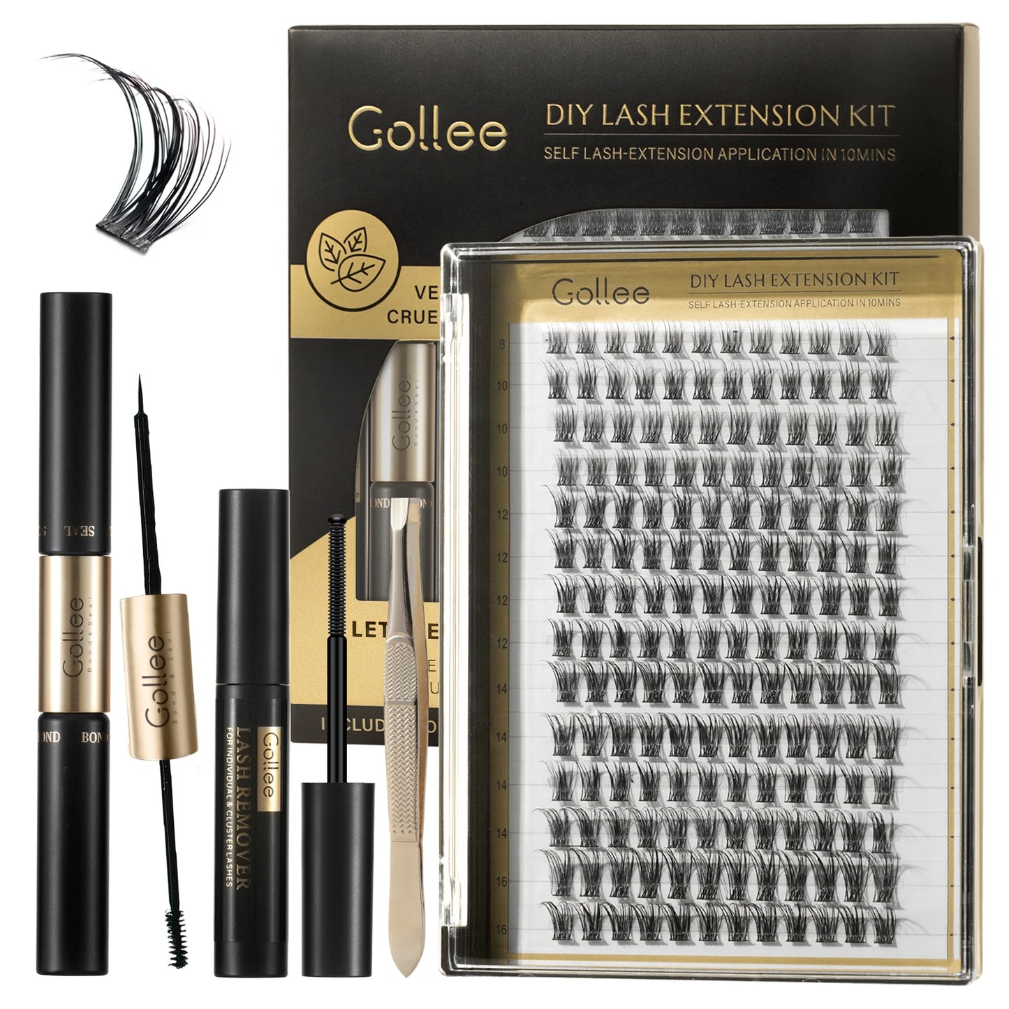 Gollee 168pcs DIY Cluster Lash Kit 2 IN 1 Bond and Seal 8ml Lasting 3Days Lash Remover Home Use False Eyelash Adhesive Seal tool