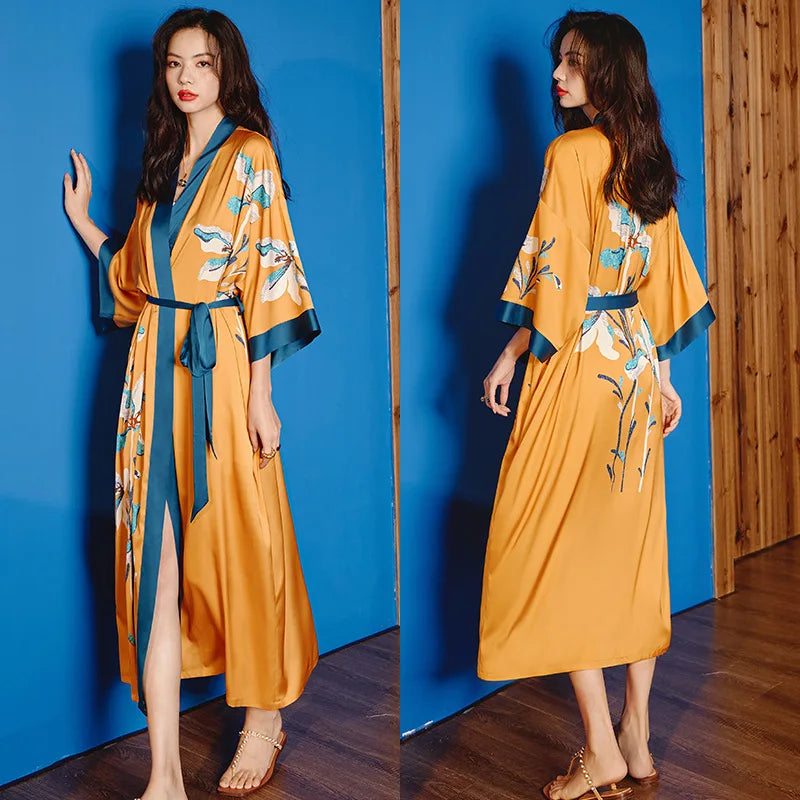 Print Flower Long Kimono Bathrobe Gown Sexy Women Half Sleeve Wedding Robe Nightgown Spring Summer Rayon Home Dress Sleepwear
