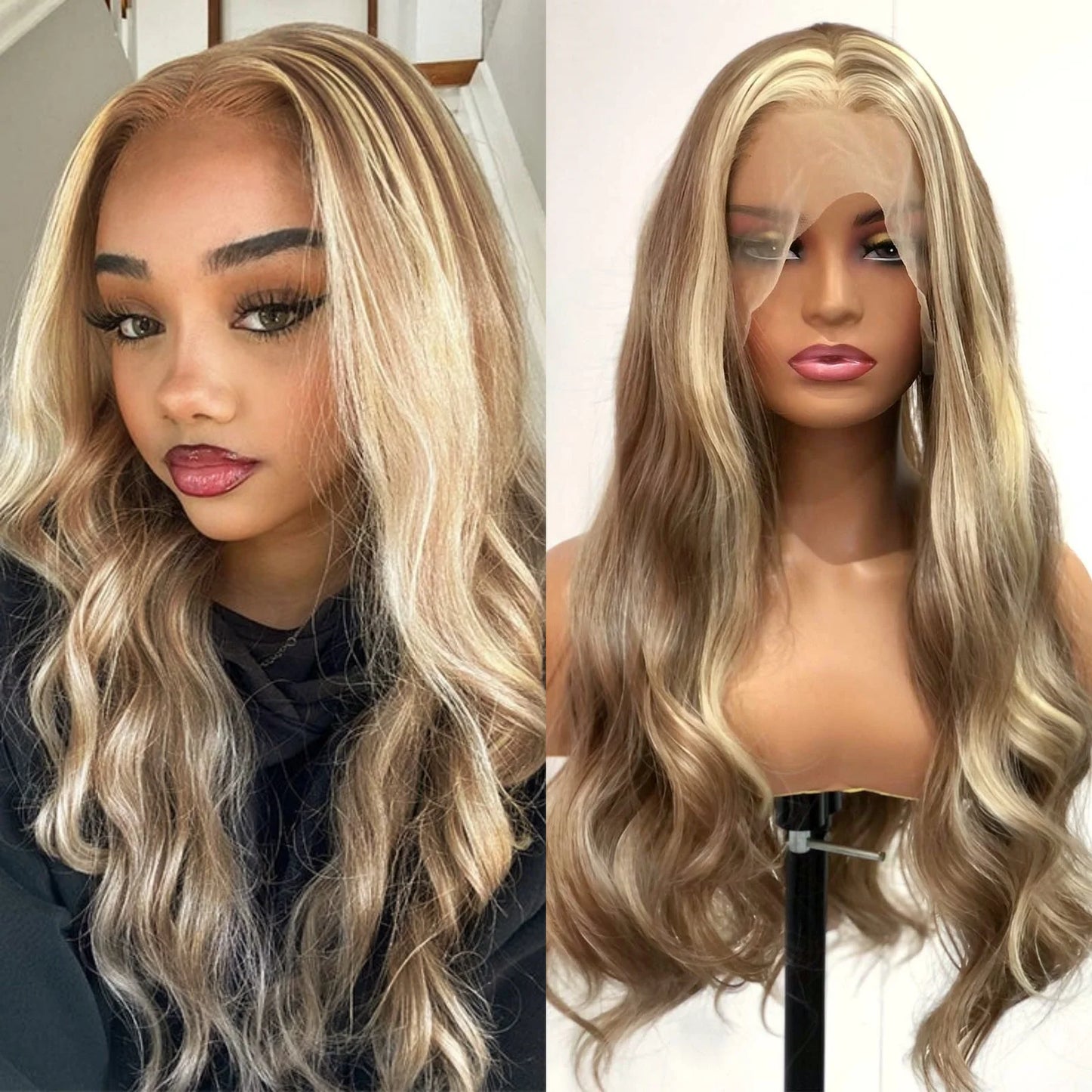 Brown Wig with Ash Blonde Highlights Synthetic Hair Long Wavy Loose Body Wave Streaks Money Piece 13X4 Frontal Wigs for Women