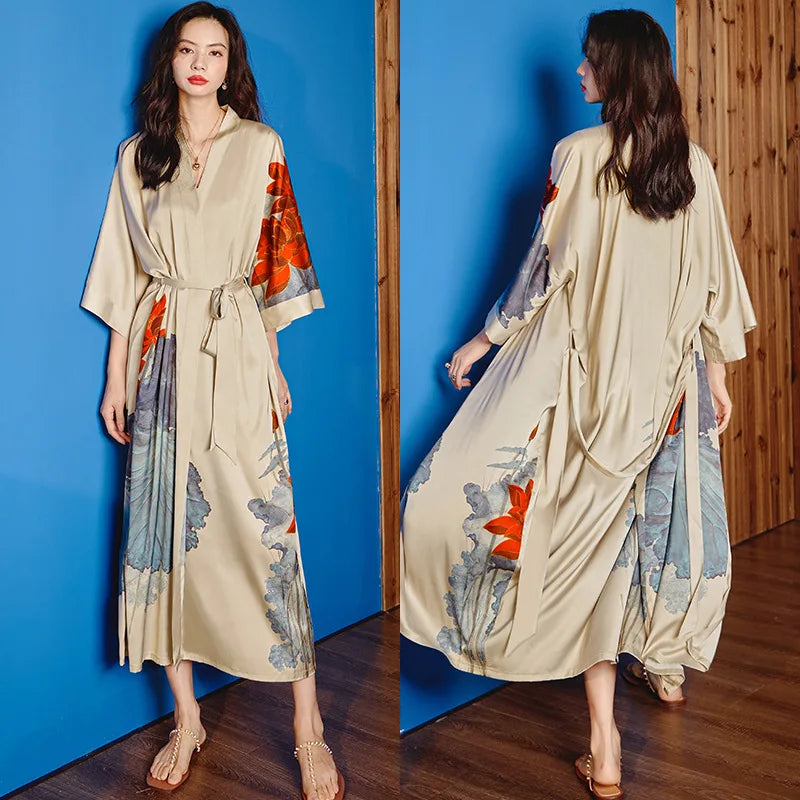 Print Flower Long Kimono Bathrobe Gown Sexy Women Half Sleeve Wedding Robe Nightgown Spring Summer Rayon Home Dress Sleepwear