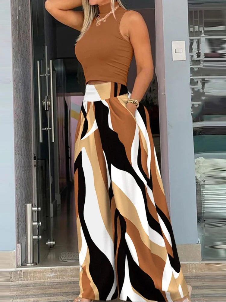 Plus Size Printing Two Piece Set Women Casual Solid Sleeveless Tank Top Wide Leg Pants Two Piece Set 2025 Fashion Clothing