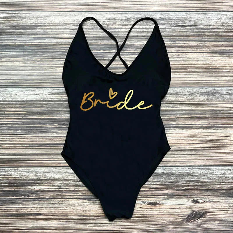 S-3XL Gold Print Team Bride One-Piece Swimsuit Squad Women Swimwear Sexy Padded Bachelorette Party Bathing Suit Summer Beachwear