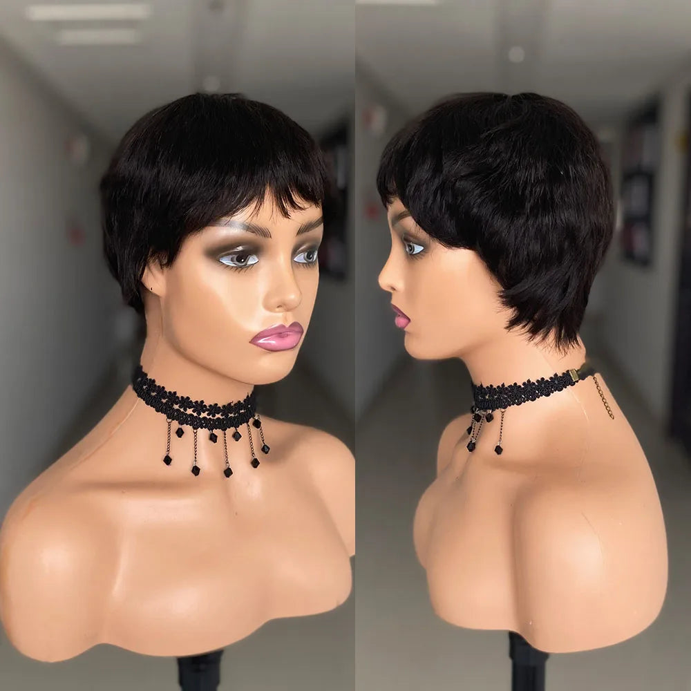 Short Straight Human Hair Wigs Natural Color Brazilian Remy Hair Pixie Cut Wig Cheap Human Hair Machine Wig For Black Women