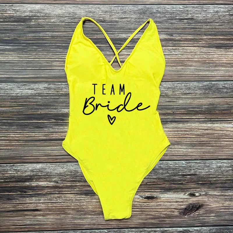 S-3XL Gold Print Team Bride One-Piece Swimsuit Squad Women Swimwear Sexy Padded Bachelorette Party Bathing Suit Summer Beachwear