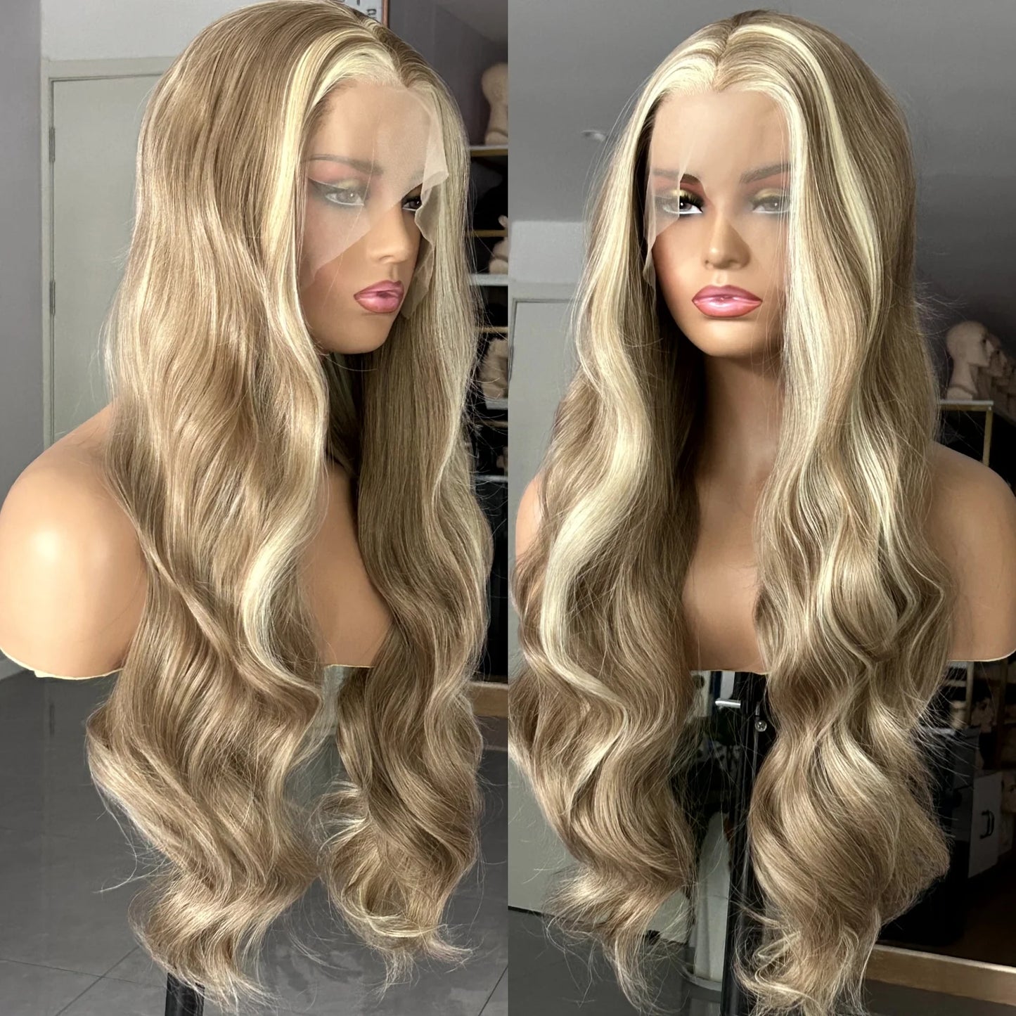 Brown Wig with Ash Blonde Highlights Synthetic Hair Long Wavy Loose Body Wave Streaks Money Piece 13X4 Frontal Wigs for Women