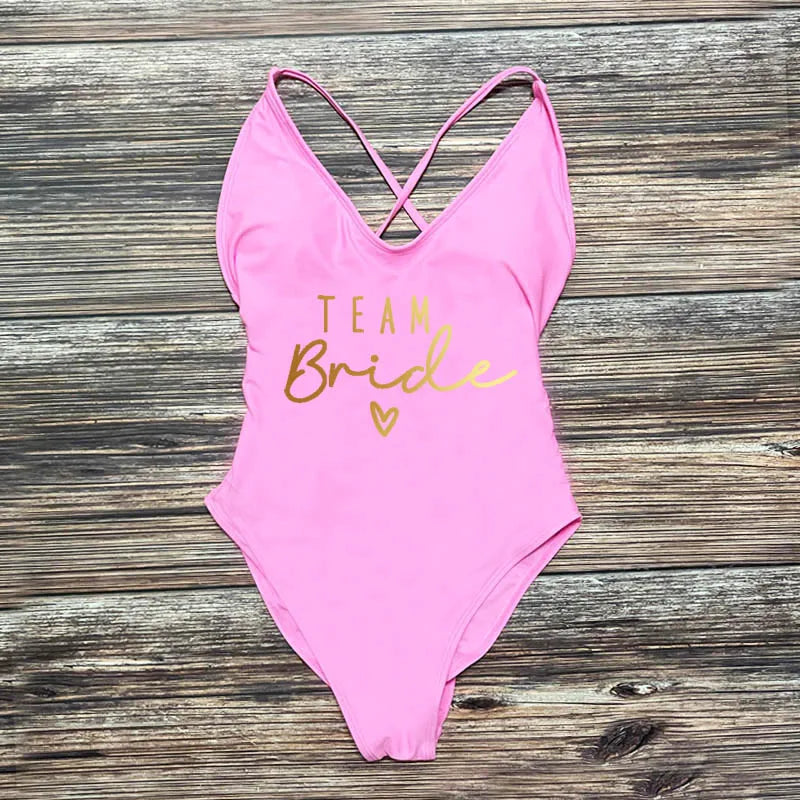 S-3XL Gold Print Team Bride One-Piece Swimsuit Squad Women Swimwear Sexy Padded Bachelorette Party Bathing Suit Summer Beachwear