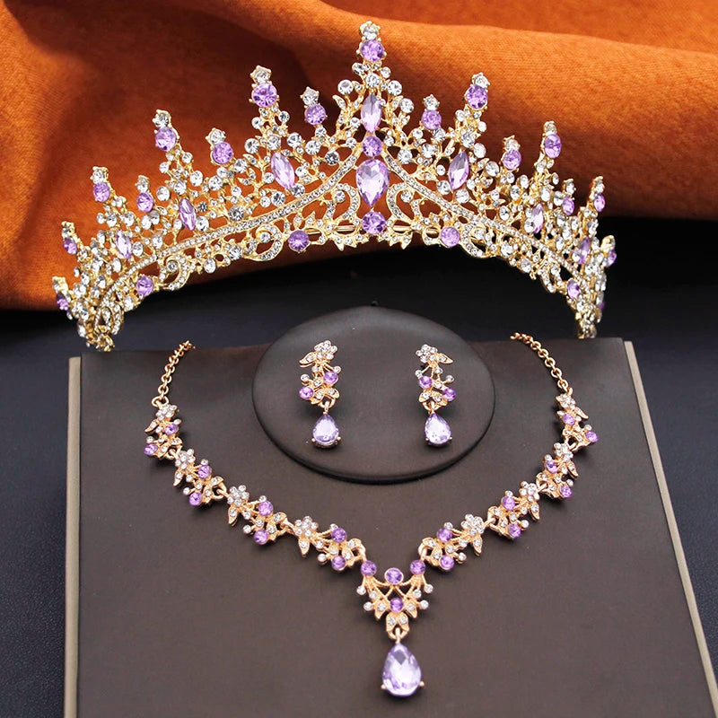 Elegant Bride Tiaras and Necklace Earrings Set Girls 3 pcs Party Birthday Bridal Sets Wedding Crown Jewelry Costume Accessories