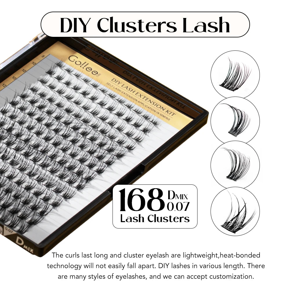 Gollee 168pcs DIY Cluster Lash Kit 2 IN 1 Bond and Seal 8ml Lasting 3Days Lash Remover Home Use False Eyelash Adhesive Seal tool