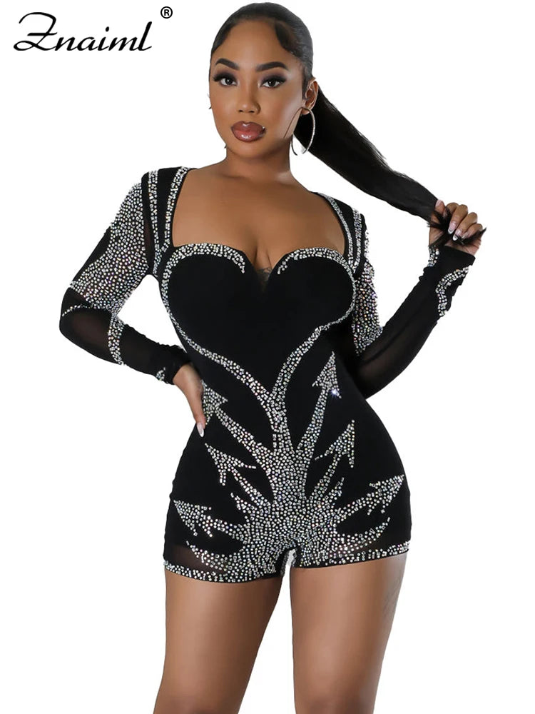 Znaiml Elegant Long Sleeve Playsuit Nightclub Rompers Birthday Outfits Woman Sparkly Diamonds Rhinestone Short Jumpsuits Luxury