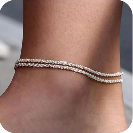 Sterling Silver Ankle Bracelets for Women Dainty Adjustable Layered Anklet Set Stackable Cuban Link Anklets Beach Jewelry