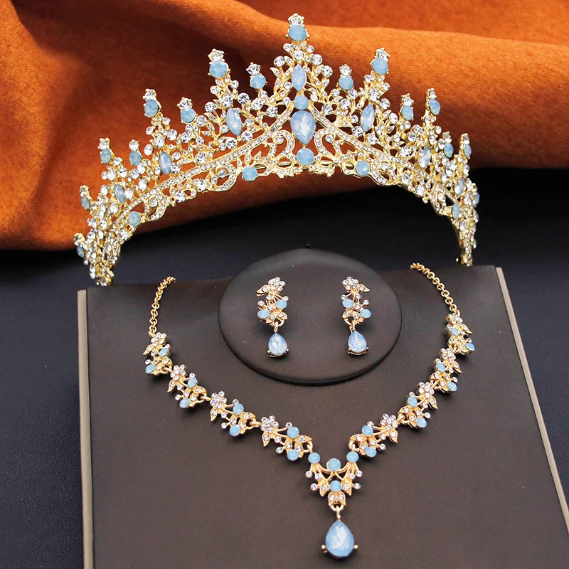 Elegant Bride Tiaras and Necklace Earrings Set Girls 3 pcs Party Birthday Bridal Sets Wedding Crown Jewelry Costume Accessories