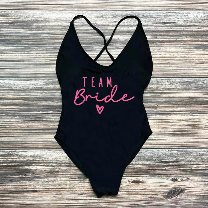 S-3XL Gold Print Team Bride One-Piece Swimsuit Squad Women Swimwear Sexy Padded Bachelorette Party Bathing Suit Summer Beachwear