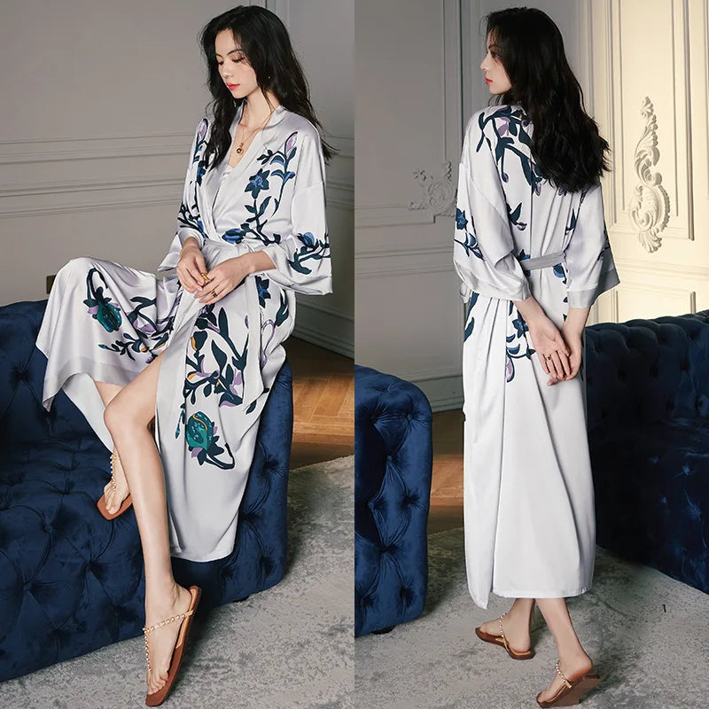 Print Flower Long Kimono Bathrobe Gown Sexy Women Half Sleeve Wedding Robe Nightgown Spring Summer Rayon Home Dress Sleepwear