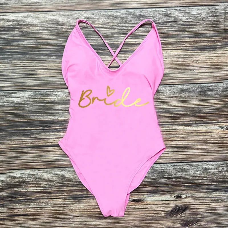 S-3XL Gold Print Team Bride One-Piece Swimsuit Squad Women Swimwear Sexy Padded Bachelorette Party Bathing Suit Summer Beachwear
