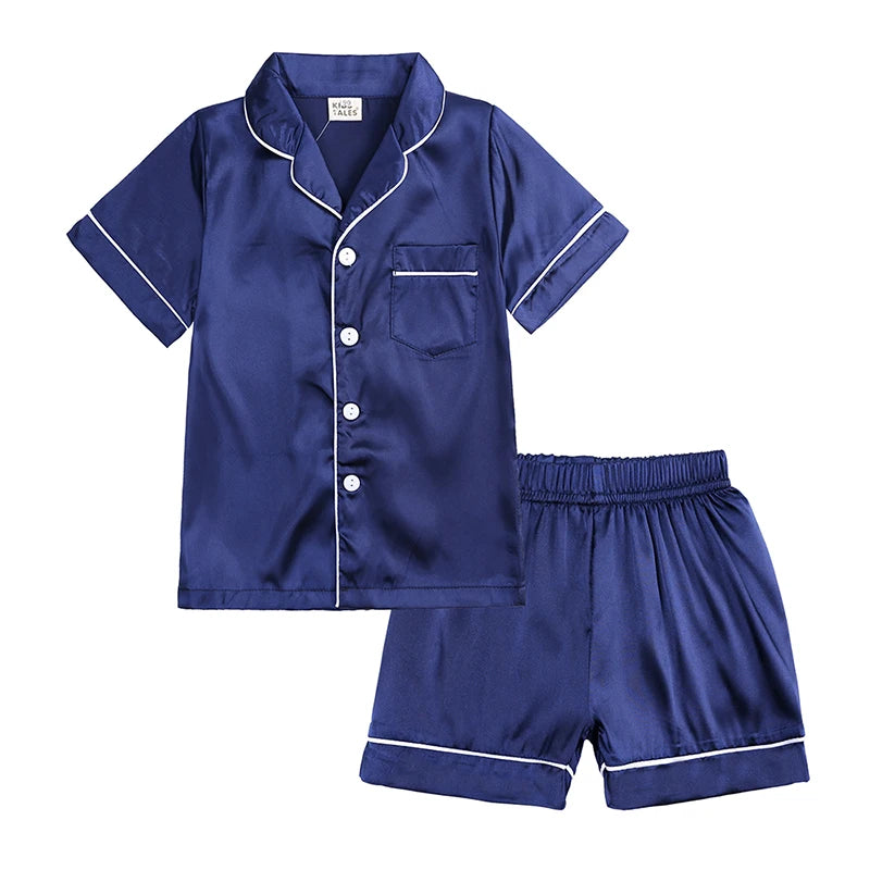 Comfortable Summer Pajama Sets for Boys Girls Silk Satin Top+Pant Long Sleeve Solid Silky Pyjamas Nightgown Children Sleepwear